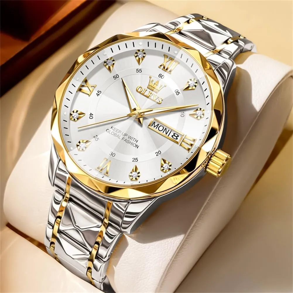 OLEVS Watches for Men Luxury Analog Big Face Mens Watches with Date Diamond Men's Wrist Watches Stainless Steel Waterproof Mens Dress Watch Casual Business Quartz Watch(Silver/Black/Blue/Gold Face)