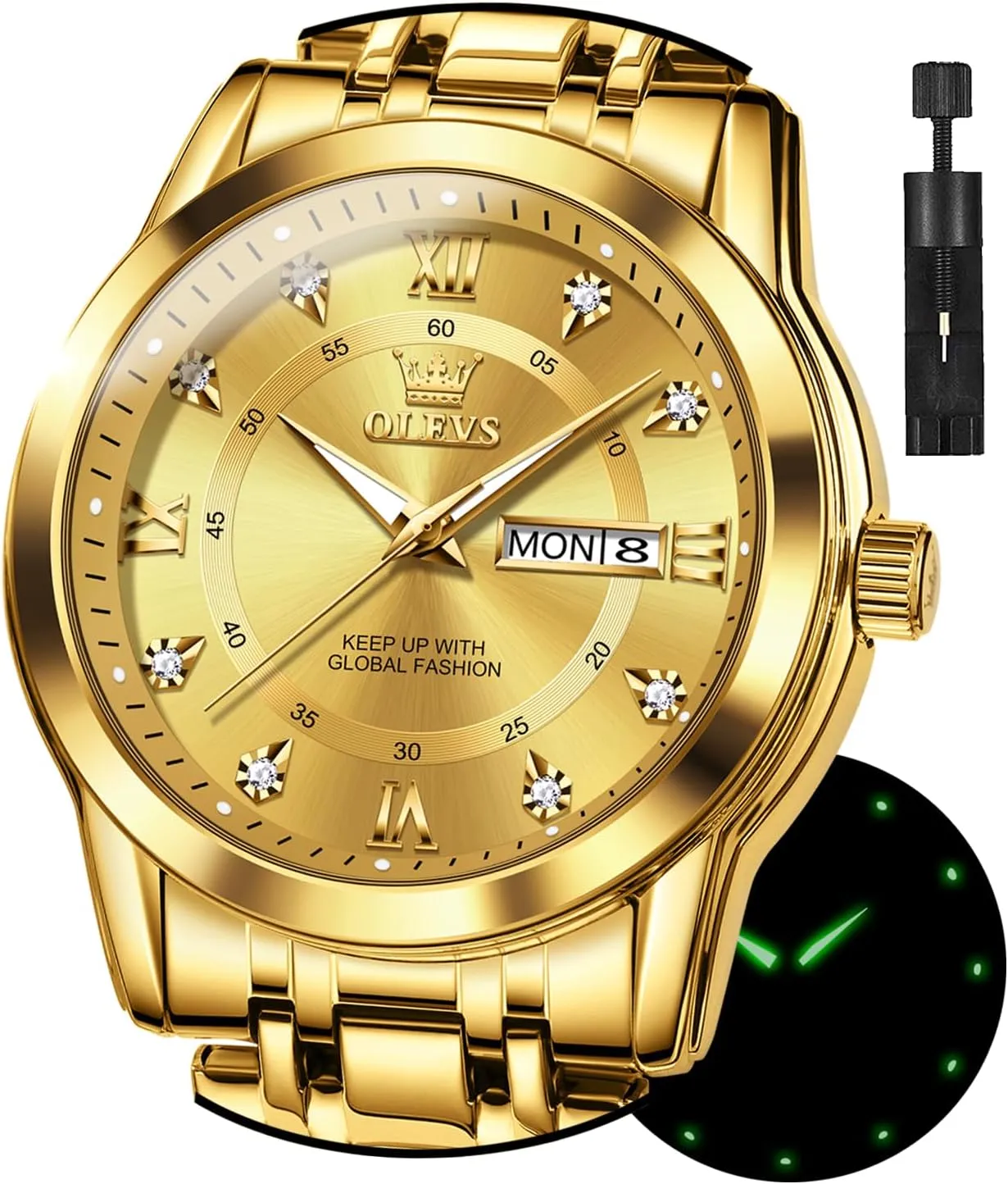OLEVS Watches for Men Stainless Steel Analog Quartz Chronograph Moon Phase Watch Waterproof Date Luminous Wrist Male Watches,Gift for Men