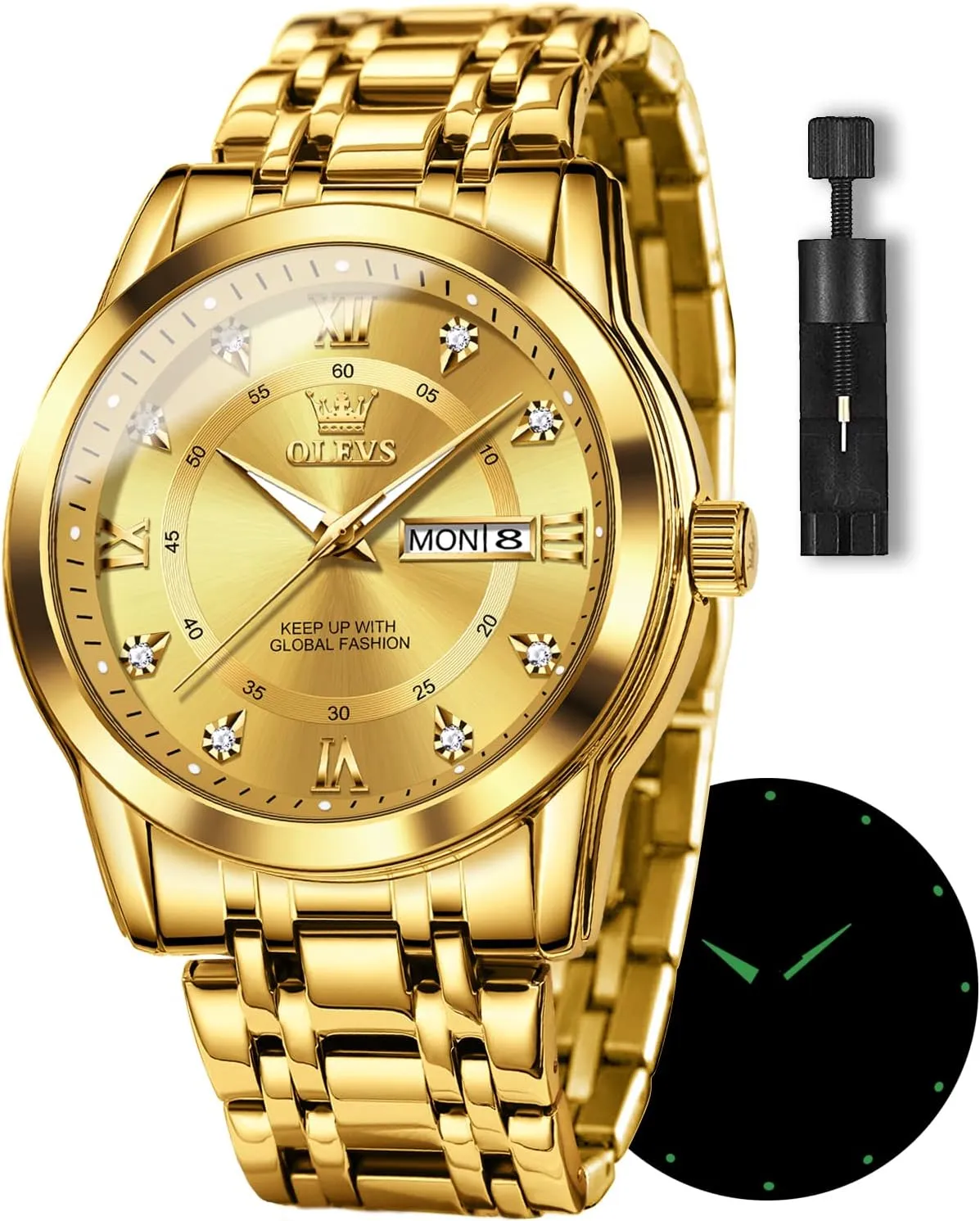 OLEVS Watches for Men Stainless Steel Analog Quartz Chronograph Moon Phase Watch Waterproof Date Luminous Wrist Male Watches,Gift for Men
