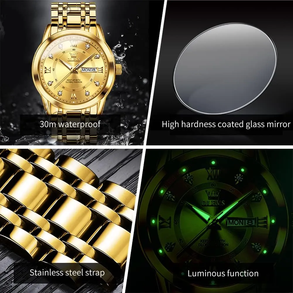 OLEVS Watches for Men Stainless Steel Analog Quartz Chronograph Moon Phase Watch Waterproof Date Luminous Wrist Male Watches,Gift for Men