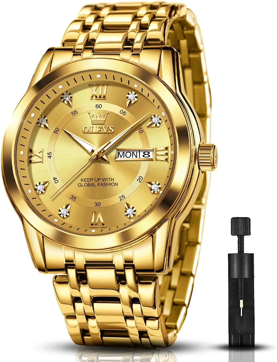 OLEVS Watches for Men Stainless Steel Analog Quartz Chronograph Moon Phase Watch Waterproof Date Luminous Wrist Male Watches,Gift for Men