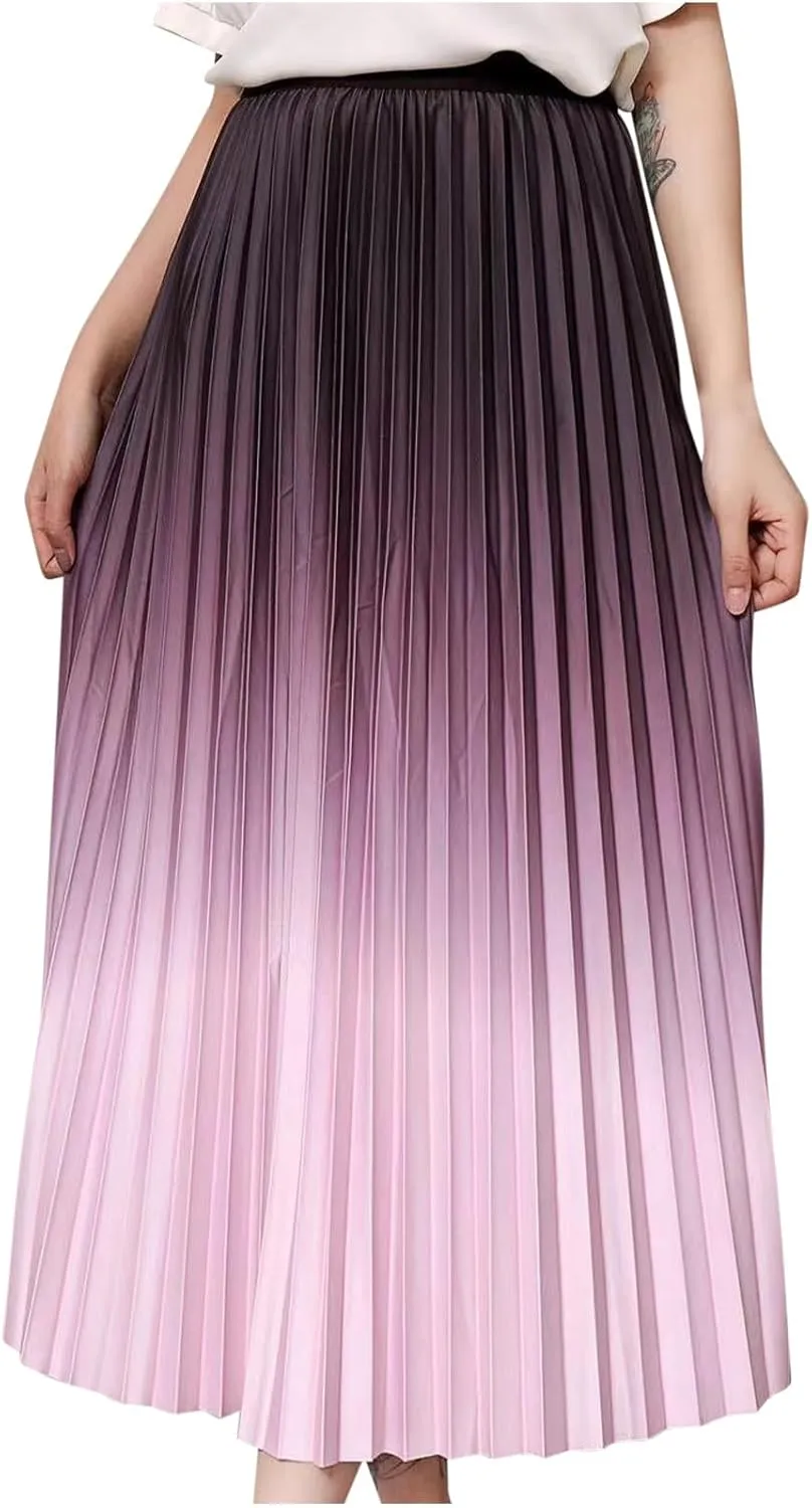 Ombre Pleated Midi Skirt for Women Gradient High Waist Flowing A Line Skirts Fashion Spring Summer Dress
