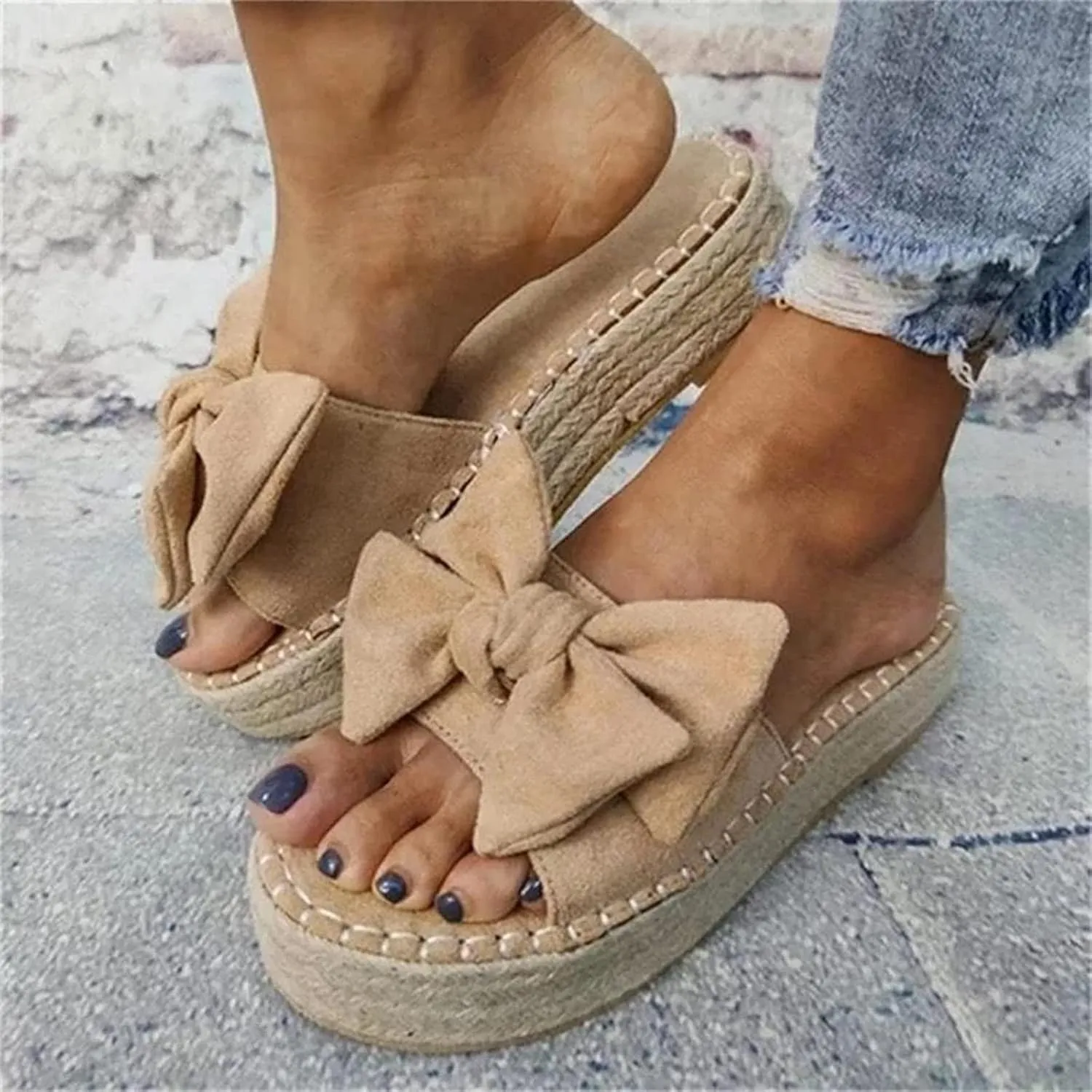 OMIREL Womens Espadrilles Slip on Wedge Sandals Slides Knot Bow Platform Open Toe Summer Mules Shoes Orthopedic Walking Slippers with Arch Support Anti-Slip Breathable Flip Flop,Yellow,US7.5/EU38