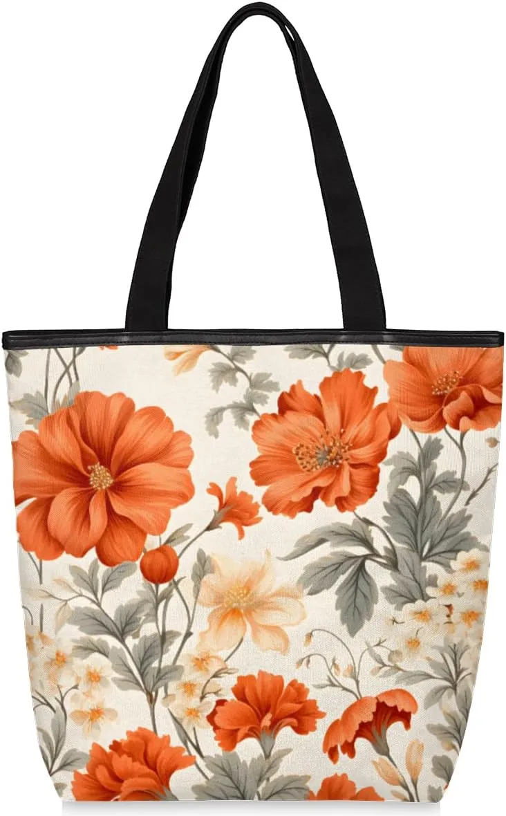 Orange Floral Canvas Tote Bag for Women Large Tote Bag with Zipper & Pockets Canvas Beach Bag Shoulder Bag Reusable Shopping Bags Cute Tote Bags for Work Travel