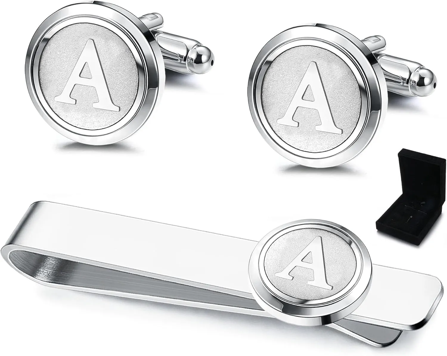 ORAZIO Initial Cufflinks and Tie Clips Set for Men Personalized Alphabet A-Z Cuff Links and Tie Bar with Gift Box,A