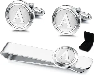 ORAZIO Initial Cufflinks and Tie Clips Set for Men Personalized Alphabet A-Z Cuff Links and Tie Bar with Gift Box,A