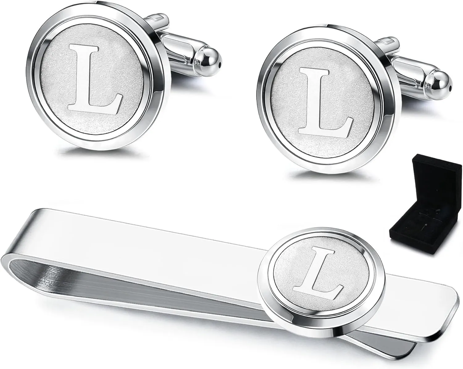 ORAZIO Tie Clip and Cufflinks for Men Silver Stainless Steel Initial Tie Bar and Cuff links Letter A-Z Personalized Mens Accessories with Box for Father Husband