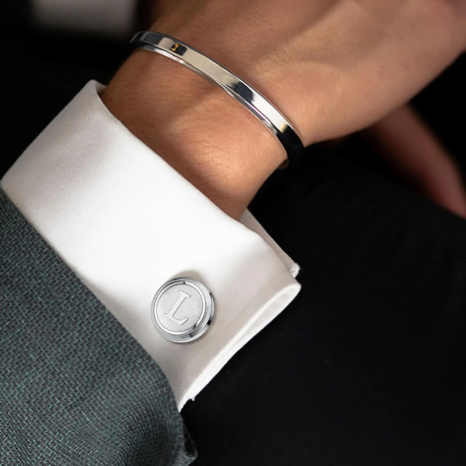 ORAZIO Tie Clip and Cufflinks for Men Silver Stainless Steel Initial Tie Bar and Cuff links Letter A-Z Personalized Mens Accessories with Box for Father Husband