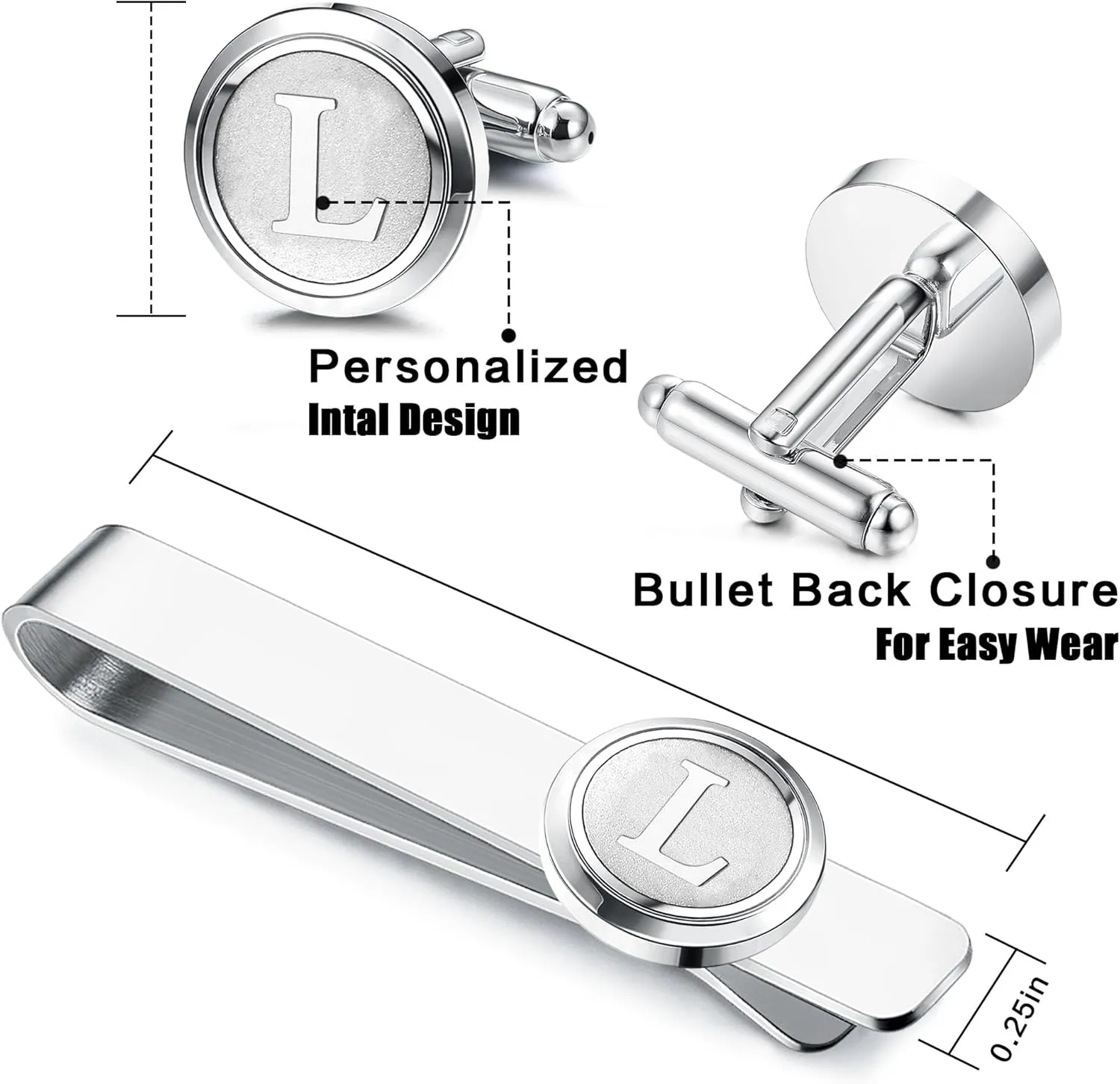ORAZIO Tie Clip and Cufflinks for Men Silver Stainless Steel Initial Tie Bar and Cuff links Letter A-Z Personalized Mens Accessories with Box for Father Husband