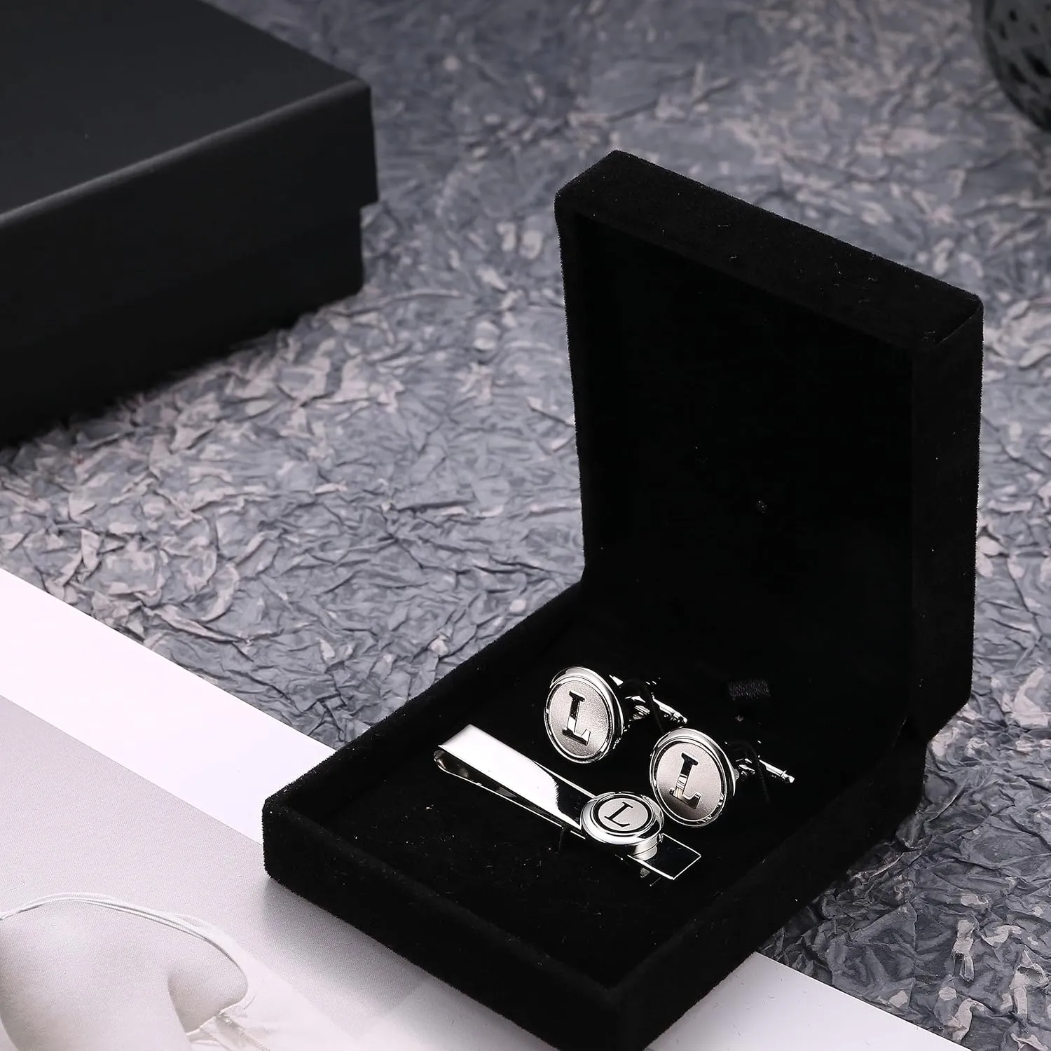 ORAZIO Tie Clip and Cufflinks for Men Silver Stainless Steel Initial Tie Bar and Cuff links Letter A-Z Personalized Mens Accessories with Box for Father Husband