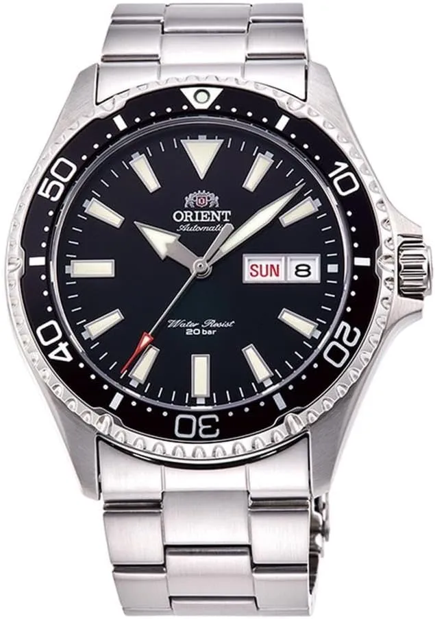 Orient Kamasu/Mako III Men's Automatic Manual Winding Sports Steel or Silicone Divers' Watch with Screw Crown and Sapphire Crystal, Black, Bracelet