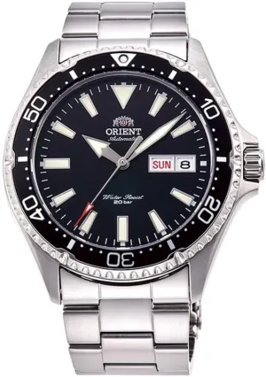 Orient Kamasu/Mako III Men's Automatic Manual Winding Sports Steel or Silicone Divers' Watch with Screw Crown and Sapphire Crystal, Black, Bracelet