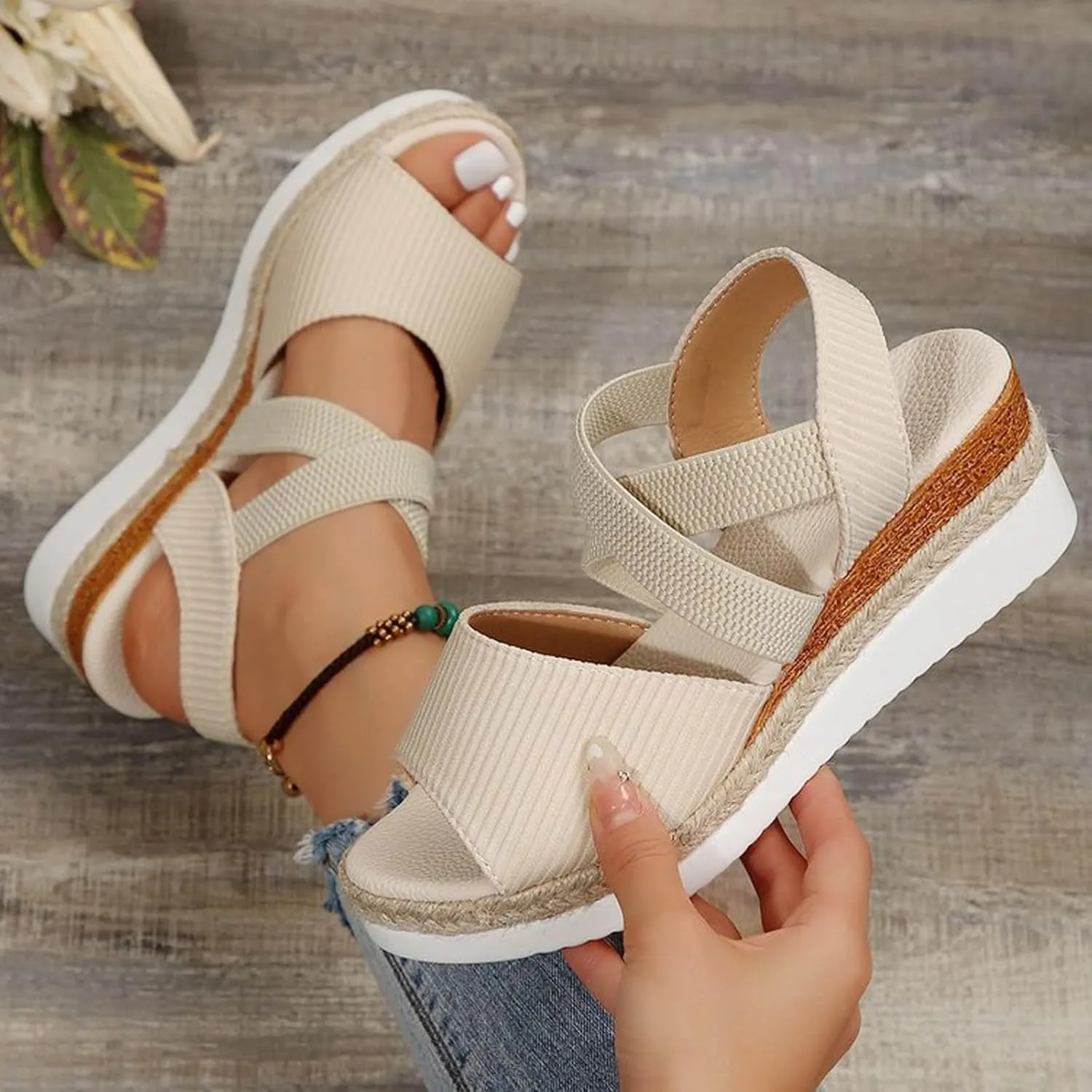 Orthopedic Sandals for Women Slip On Solid Color Espadrille Wedge Sandals Casual Fashion Peep Toe Sandals Women