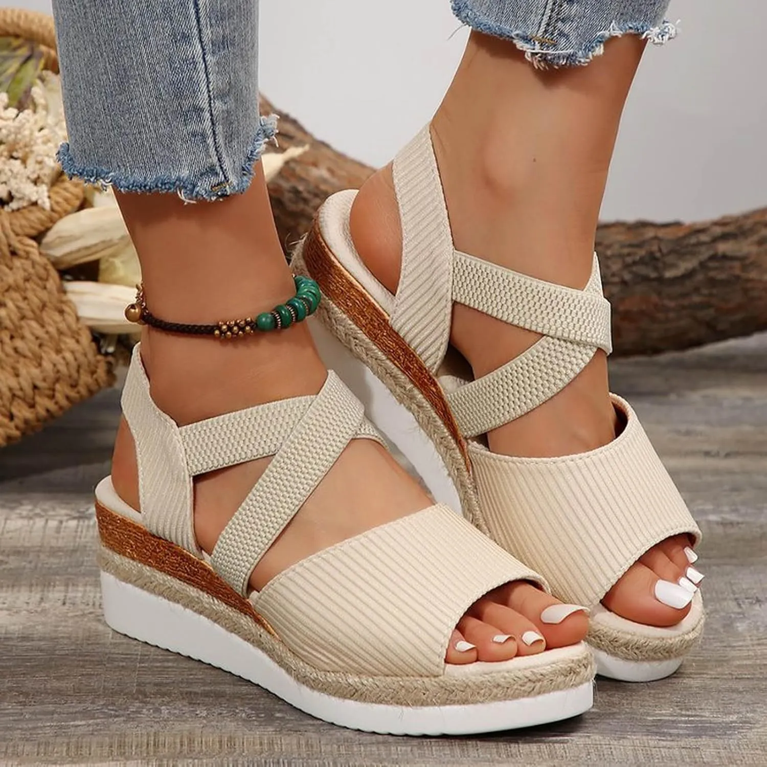 Orthopedic Sandals for Women Slip On Solid Color Espadrille Wedge Sandals Casual Fashion Peep Toe Sandals Women