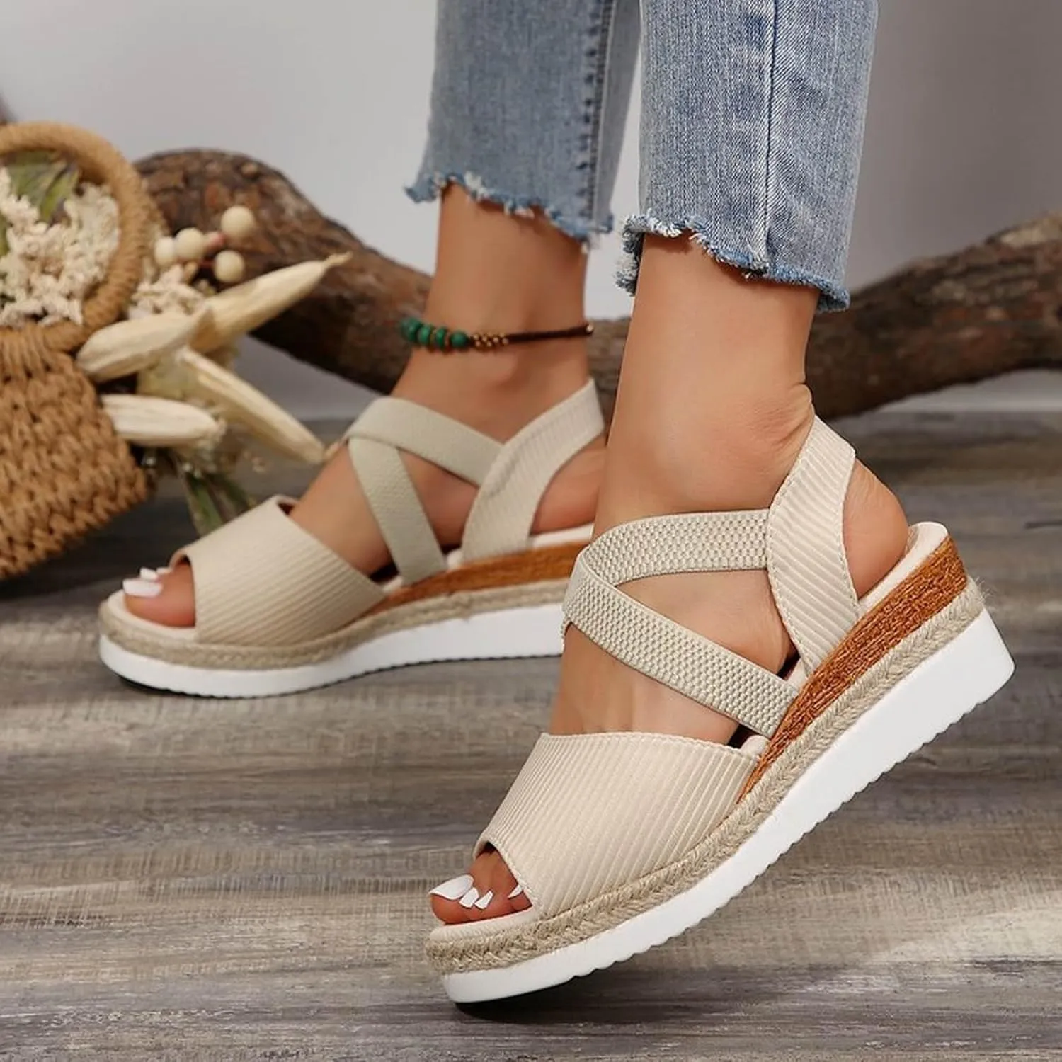 Orthopedic Sandals for Women Slip On Solid Color Espadrille Wedge Sandals Casual Fashion Peep Toe Sandals Women