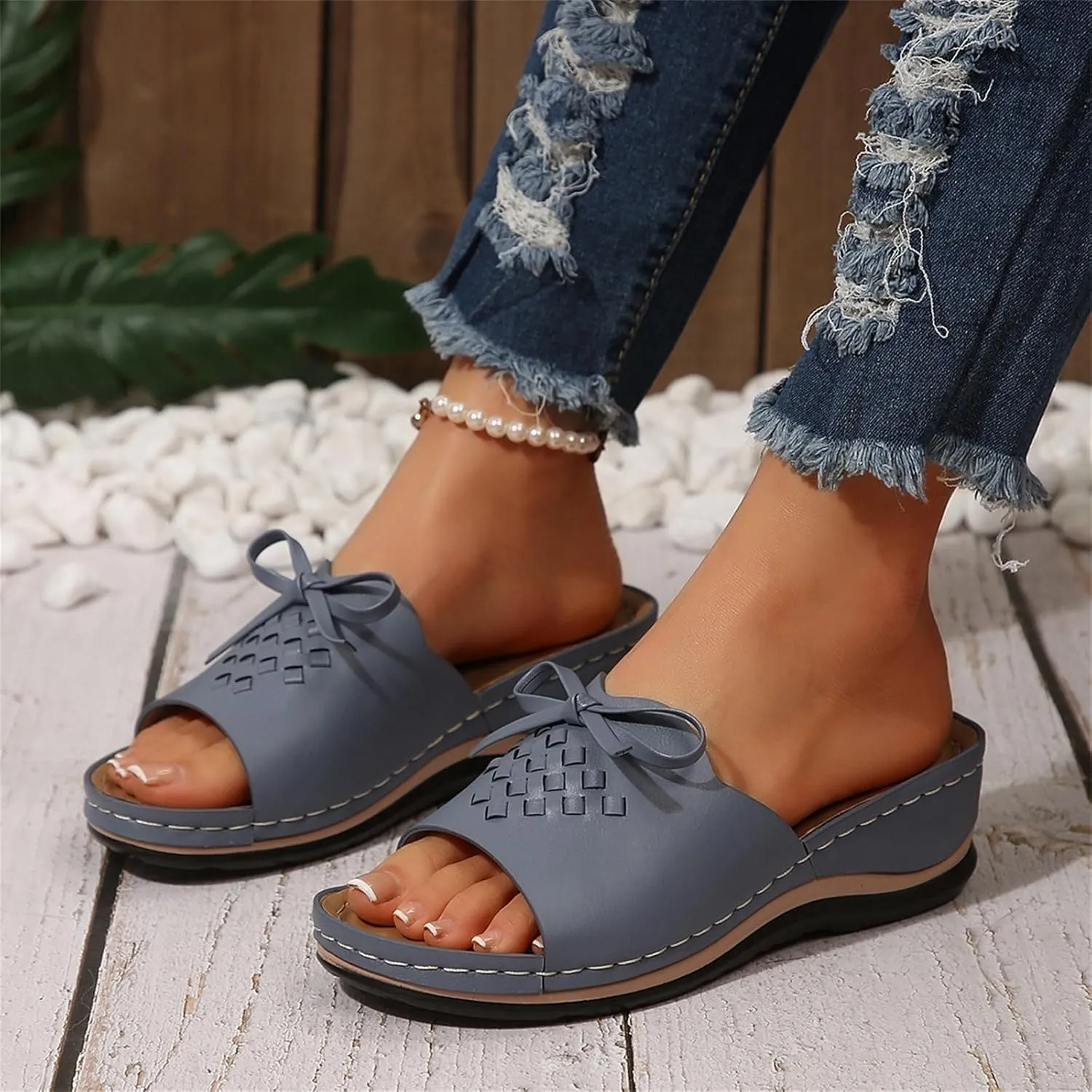 Orthopedic Wedge Sandals for Women 2025 Summer Bow Knot Slip On Arch Support Slide Sandals Open Toe Platform Sandal Beach Shoes