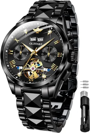 OUPINKE Watches for Men Automatic Skeleton Self Winding Dress Wrist WatchBusiness Waterproof Luminous Tungsten