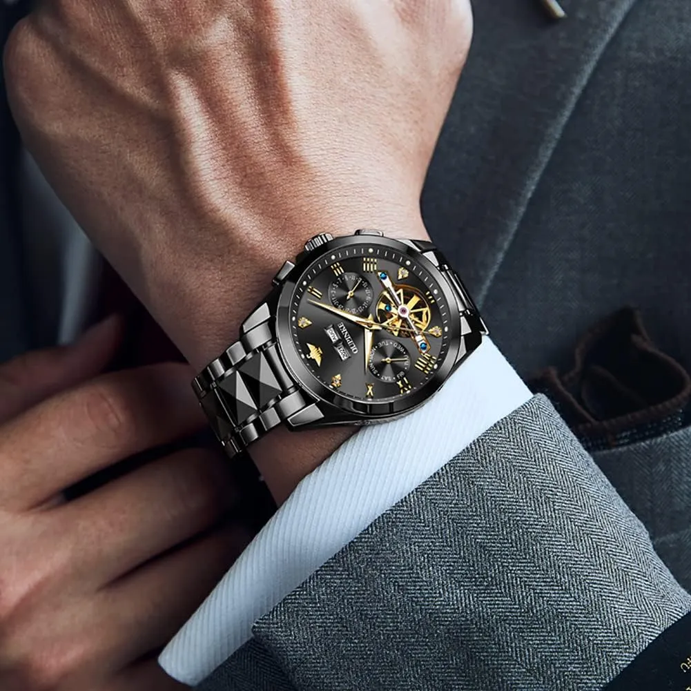 OUPINKE Watches for Men Automatic Skeleton Self Winding Dress Wrist WatchBusiness Waterproof Luminous Tungsten