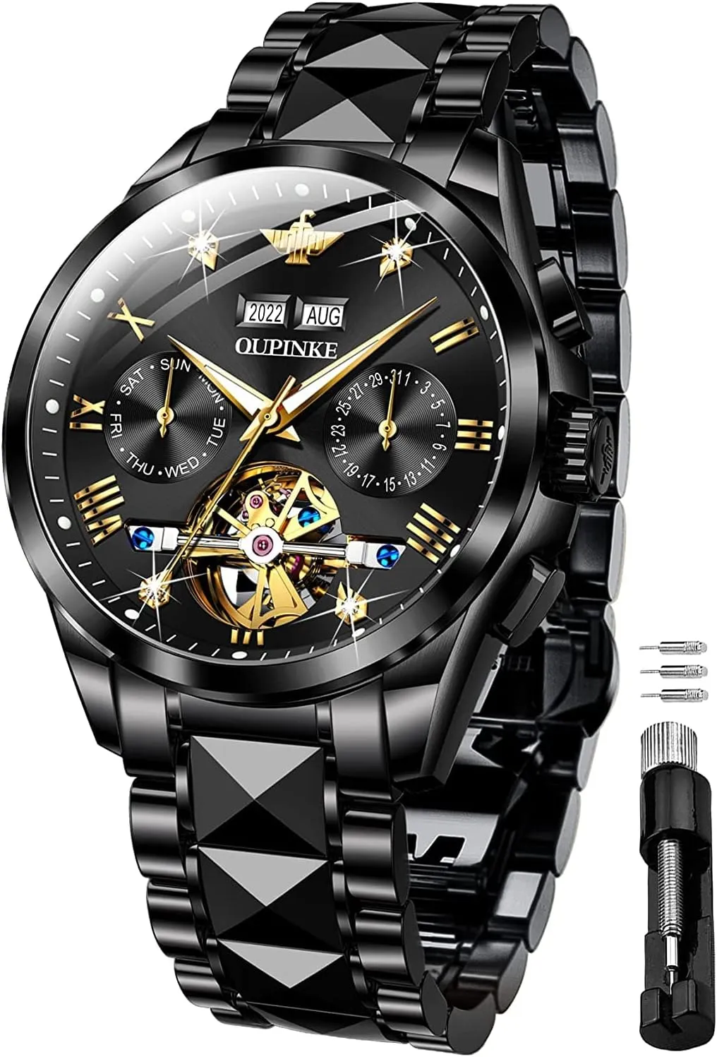 OUPINKE Watches for Men Automatic Skeleton Self Winding Dress Wrist WatchBusiness Waterproof Luminous Tungsten
