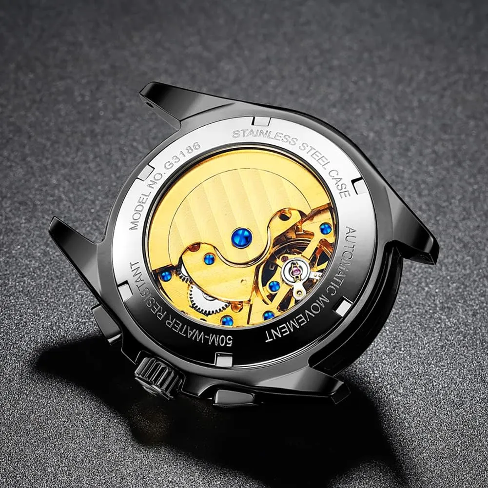 OUPINKE Watches for Men Automatic Skeleton Self Winding Dress Wrist WatchBusiness Waterproof Luminous Tungsten