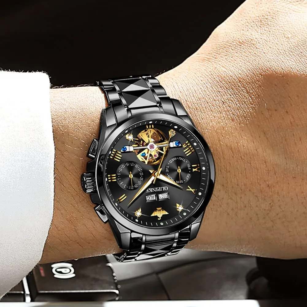 OUPINKE Watches for Men Automatic Skeleton Self Winding Dress Wrist WatchBusiness Waterproof Luminous Tungsten