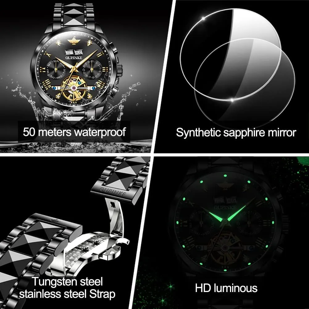 OUPINKE Watches for Men Automatic Skeleton Self Winding Dress Wrist WatchBusiness Waterproof Luminous Tungsten