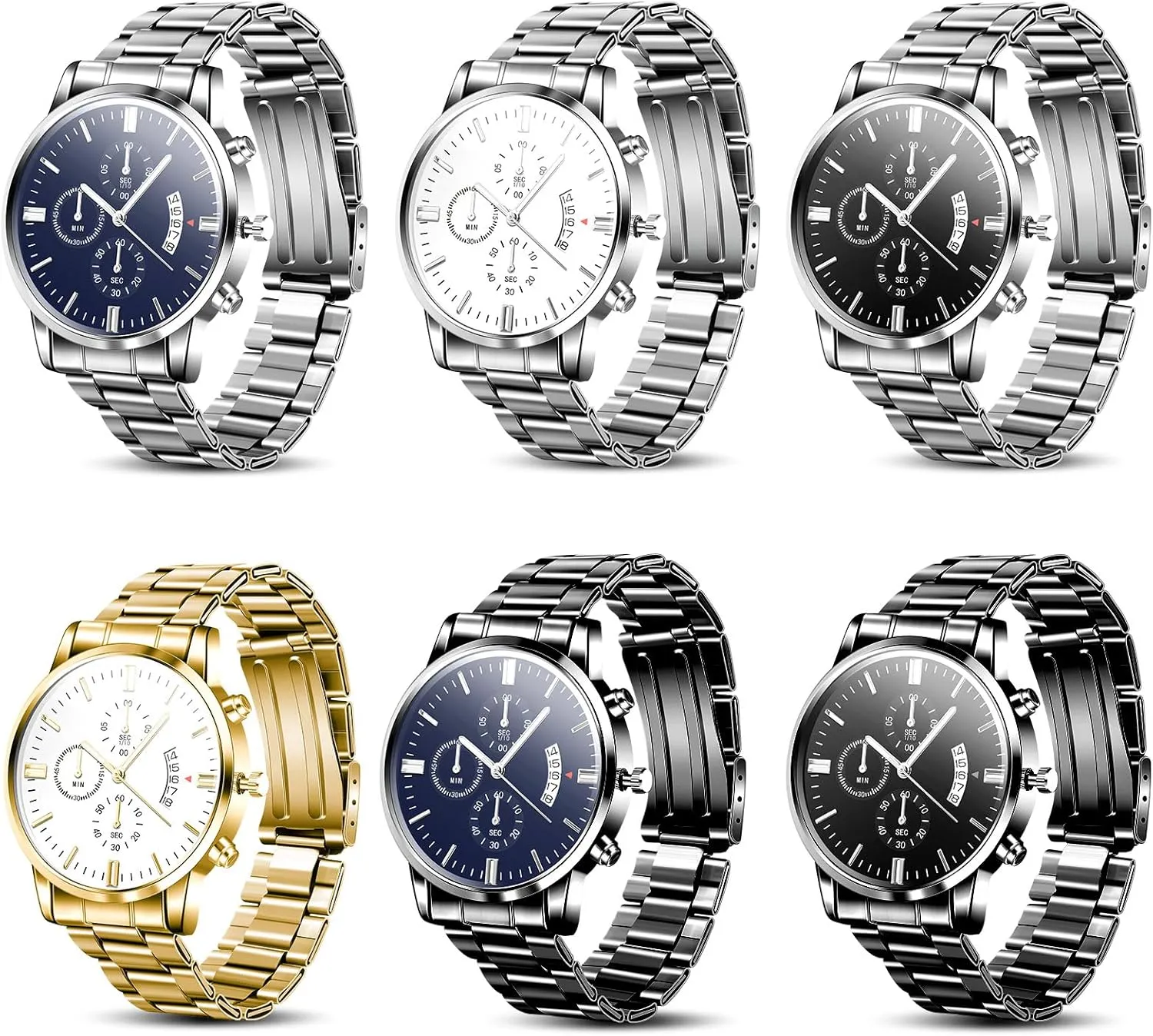Outus 6 Pcs Men's Watches Set Watch Gift for Men Stainless Steel Band Quartz Wristwatches Gifts for Men Birthday Wedding Father's Day, Multi Styles