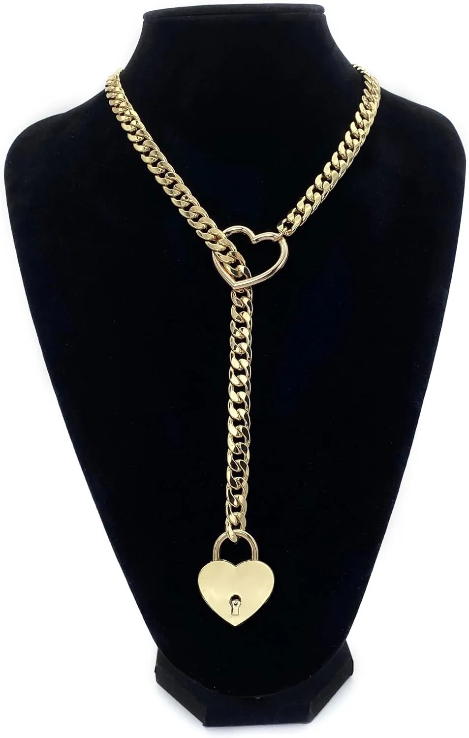 paloli Womens Slip Chain Necklace Heart O-Ring, Punk Rock Cuban Long Necklace Jewelry For Women, Adjustable Lariat Y-Necklace Heart Locker With Key