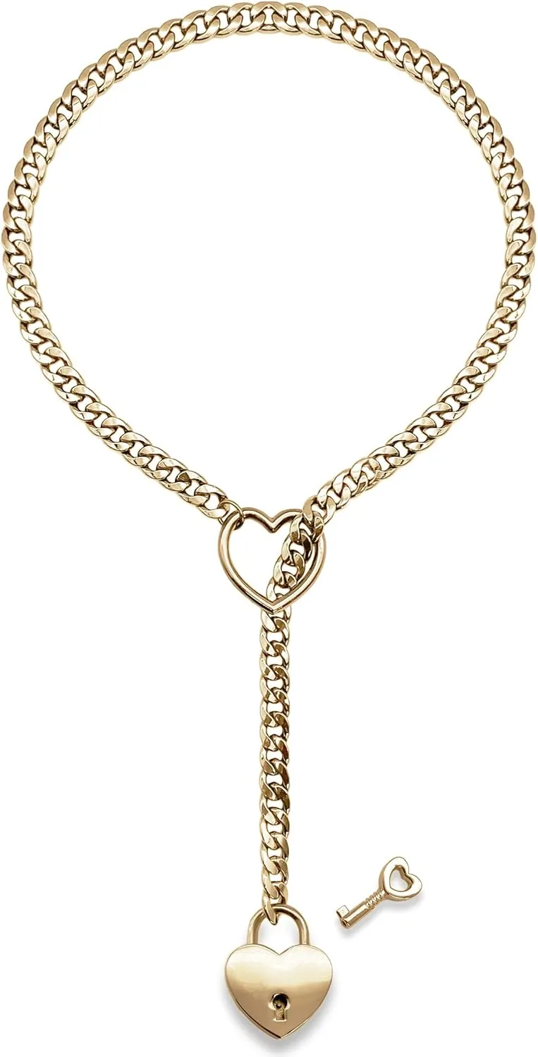 paloli Womens Slip Chain Necklace Heart O-Ring, Punk Rock Cuban Long Necklace Jewelry For Women, Adjustable Lariat Y-Necklace Heart Locker With Key