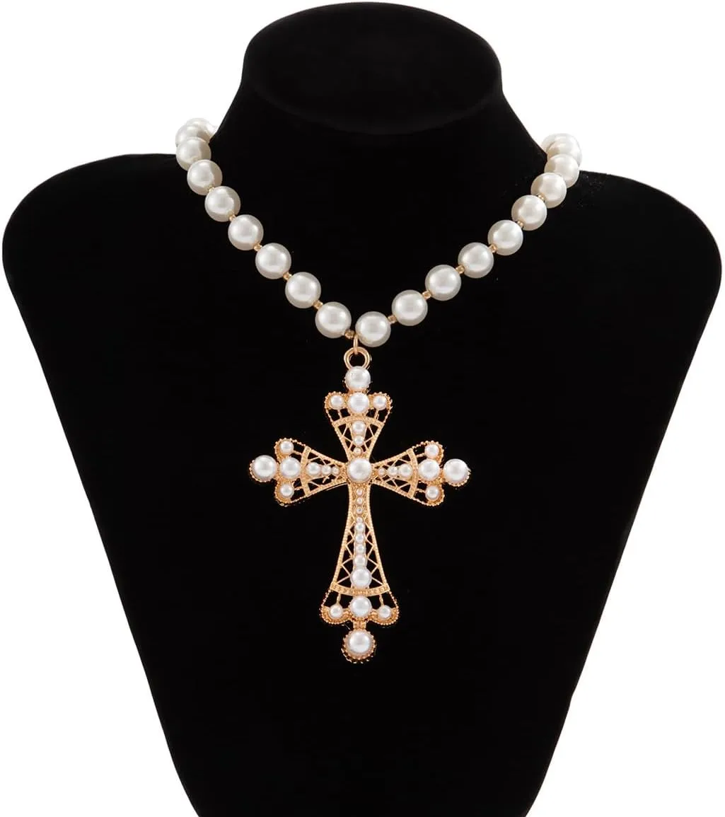 Pearl Cross Necklace Big Cross Necklace for Women Chunky Cross Necklaces Layered Pearl Beads Cross Pendant Necklaces Gothic Jewelry for Women