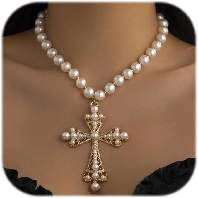 Pearl Cross Necklace Big Cross Necklace for Women Chunky Cross Necklaces Layered Pearl Beads Cross Pendant Necklaces Gothic Jewelry for Women