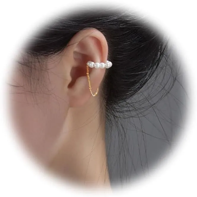 Pearl Ear Cuffs for Women Non Piercing Cartilage Cuff Wrap Clip on Earrings Trendy Pearl Tassel Chain Ear Cuffs Earrings