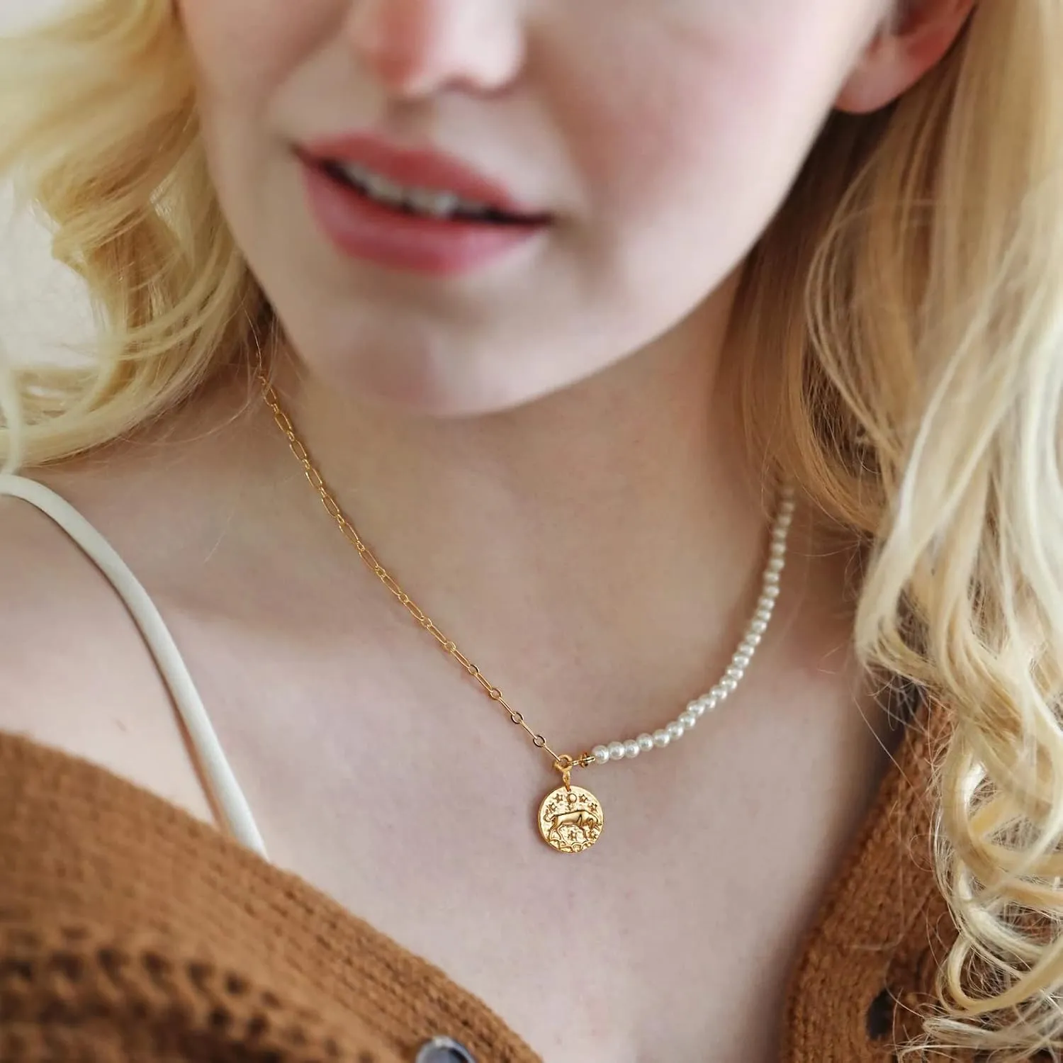 Pearl Necklace for Women 14K Gold Plated Zodiac Necklace Pearl Paperclip Chain Choker Toggle Clasp 12 Constellations Pendant Necklaces Jewelry for Women