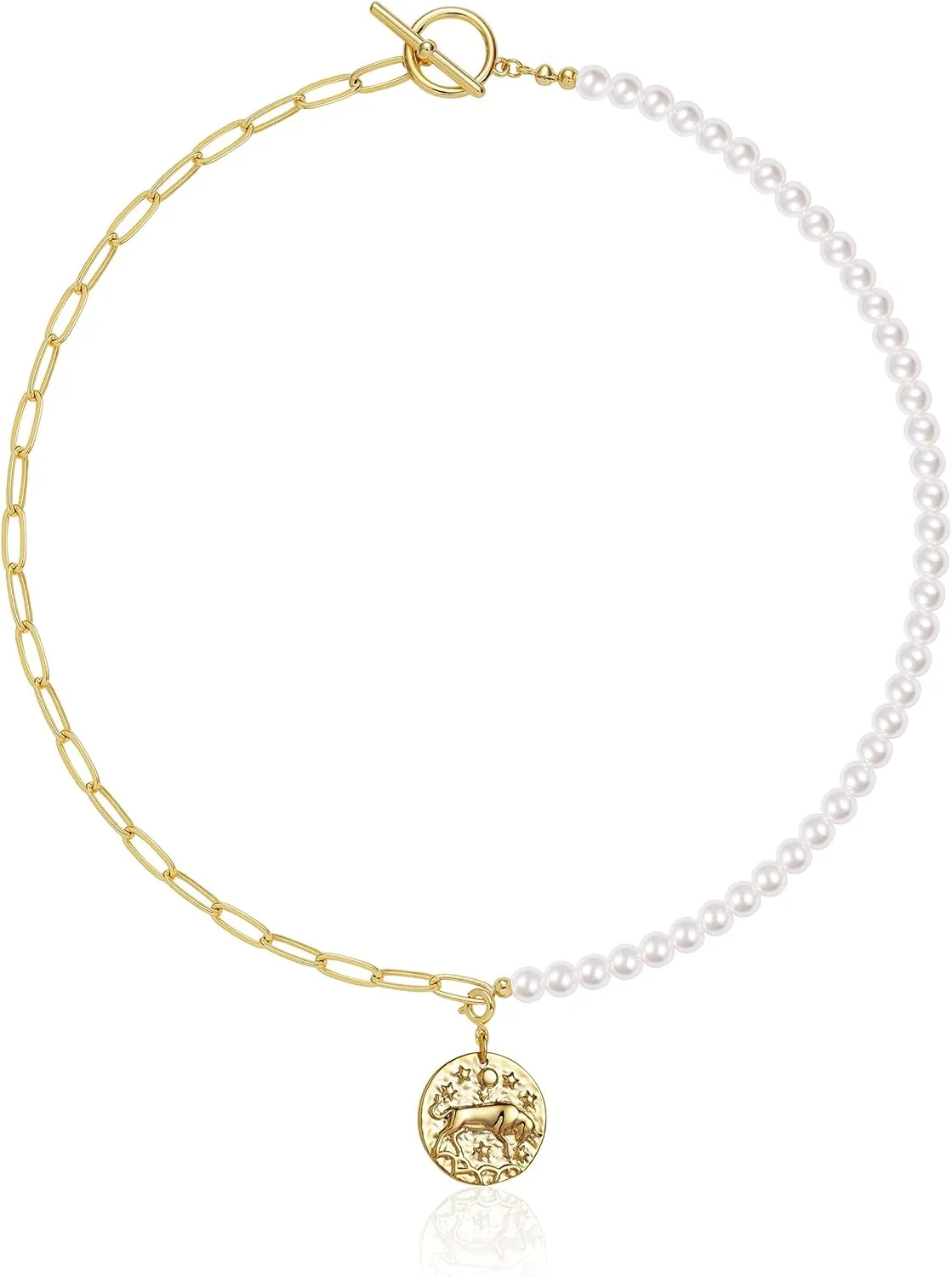 Pearl Necklace for Women 14K Gold Plated Zodiac Necklace Pearl Paperclip Chain Choker Toggle Clasp 12 Constellations Pendant Necklaces Jewelry for Women