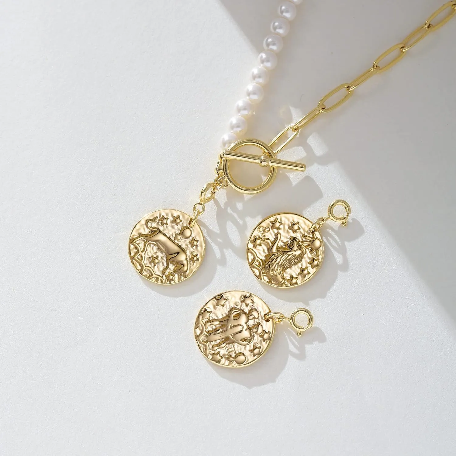 Pearl Necklace for Women 14K Gold Plated Zodiac Necklace Pearl Paperclip Chain Choker Toggle Clasp 12 Constellations Pendant Necklaces Jewelry for Women