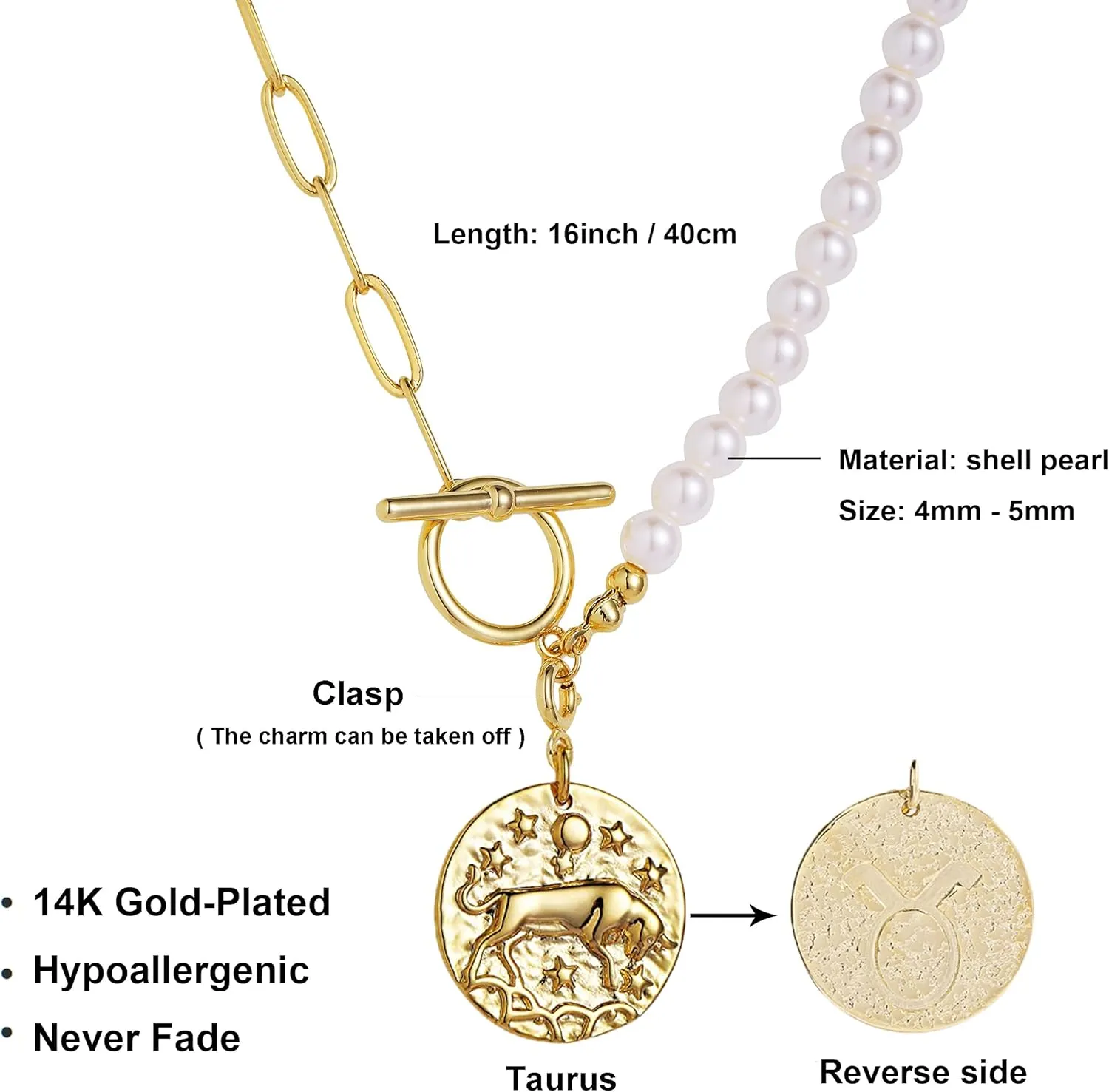 Pearl Necklace for Women 14K Gold Plated Zodiac Necklace Pearl Paperclip Chain Choker Toggle Clasp 12 Constellations Pendant Necklaces Jewelry for Women