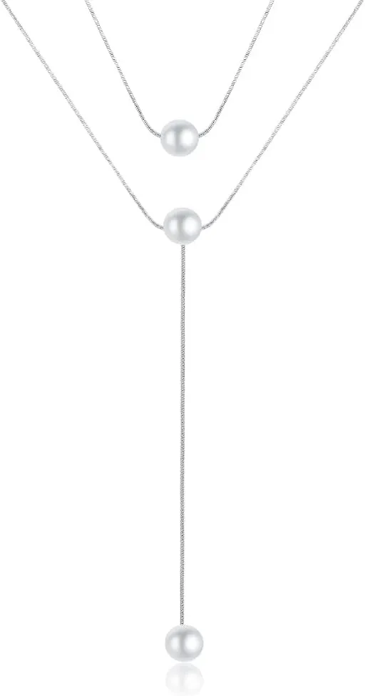 Pearl Necklaces for Women Double Layers Classic Choker Chain Simple Long Pearl Pendant Jewelry Holiday Birthday Gifts