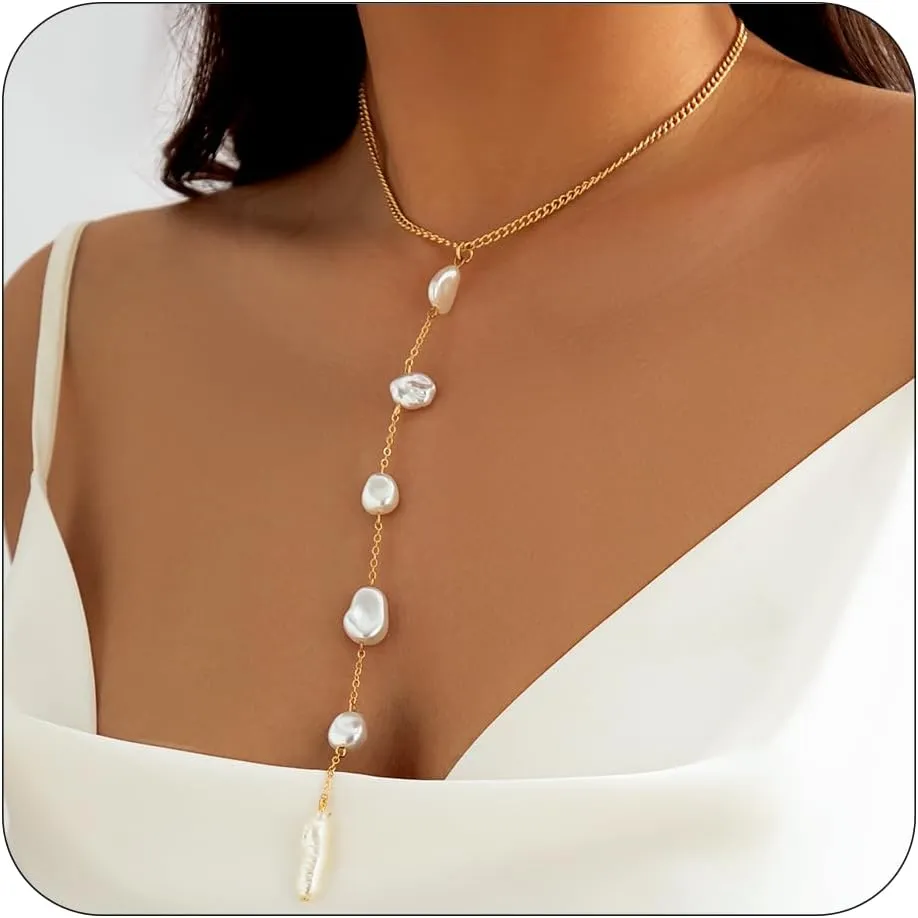 Pearl Necklaces for Women Gold Statement Pearl Y Pendent Necklace Adjustable Pearl Choker Necklace