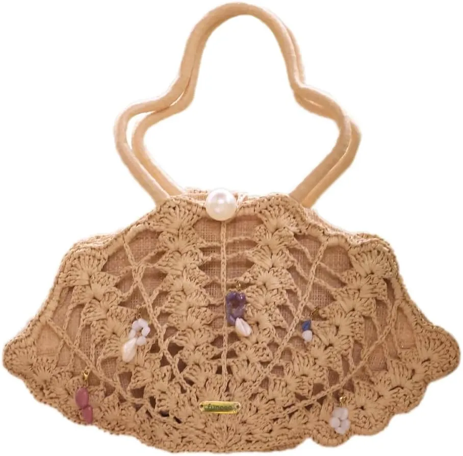 Pearl Straw Shell Purse for Women Summer Vacation Top Handle Purses Beach Bag Beaded Straw Handbag