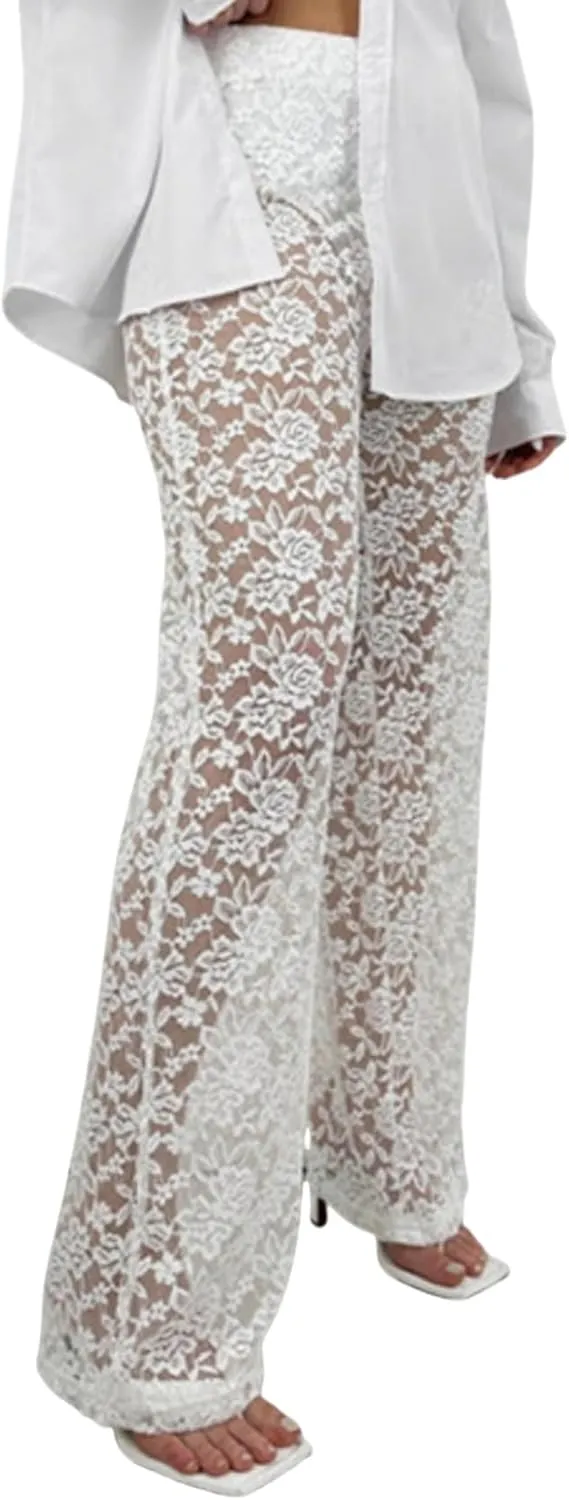 Perbai Women's Y2K Lace Bell Pants Sexy Crochet See Through Flare Leggings Floral Embroidered Mesh Beach Trousers