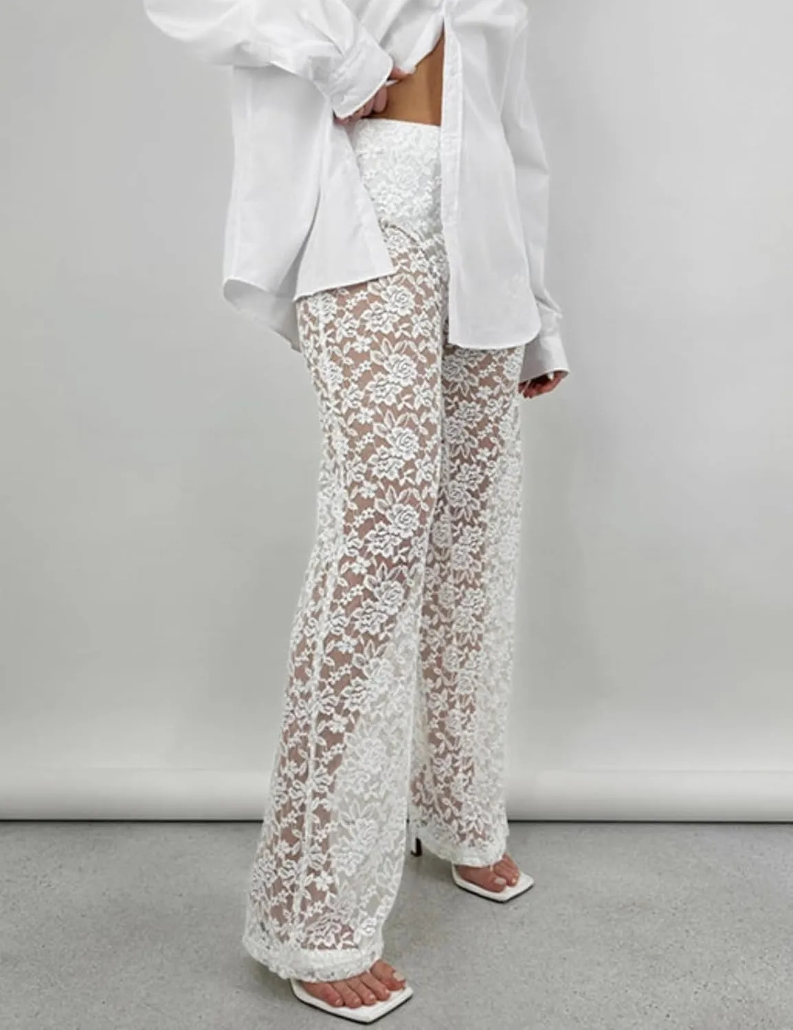 Perbai Women's Y2K Lace Bell Pants Sexy Crochet See Through Flare Leggings Floral Embroidered Mesh Beach Trousers