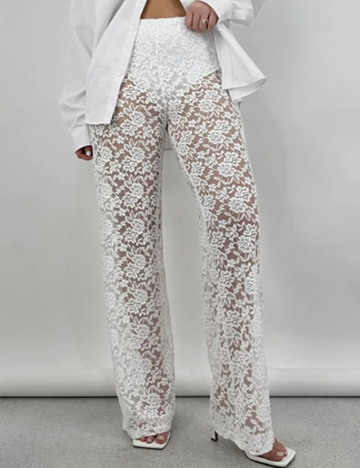 Perbai Women's Y2K Lace Bell Pants Sexy Crochet See Through Flare Leggings Floral Embroidered Mesh Beach Trousers