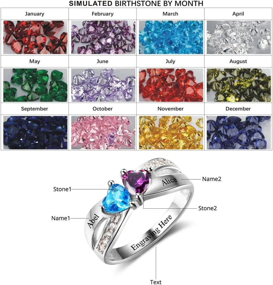 Personalized 2 Birthstones Rings for Women, Engagement Rings for Women,Customize Name for Her, Sterling Silver Jewelry for Mother, Mother Daughter Gift