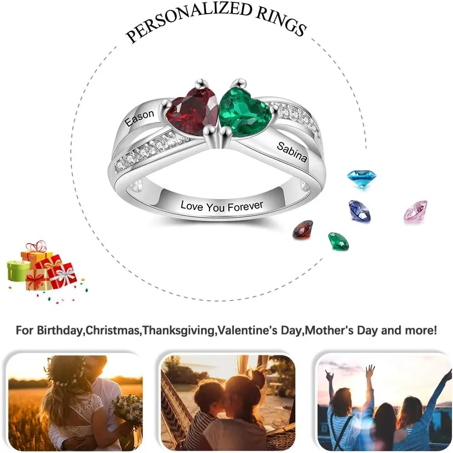 Personalized 2 Birthstones Rings for Women, Engagement Rings for Women,Customize Name for Her, Sterling Silver Jewelry for Mother, Mother Daughter Gift