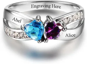 Personalized 2 Birthstones Rings for Women, Engagement Rings for Women,Customize Name for Her, Sterling Silver Jewelry for Mother, Mother Daughter Gift