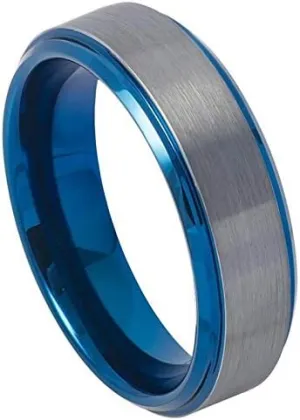 Personalized laser engraving Ring for Men and Ring for Women tungsten Band Rings 6mm Blue IP Plated Beveled Edge Gun Metal Brushed Finish Wedding Band Ring Ideal Rings for couples