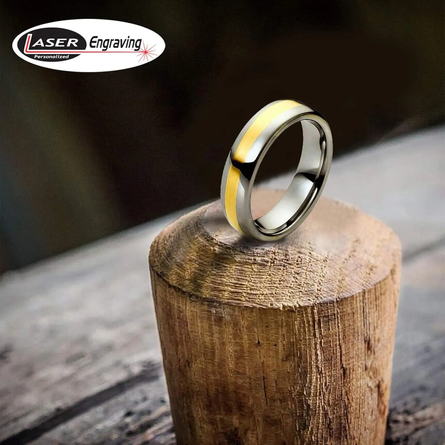Personalized Laser Engraving Ring for Men and Ring for Women Tungsten Band Rings 6mm High Polished Yellow Gold IP Plated Center Wedding Band Ring Ideal Rings for Couples