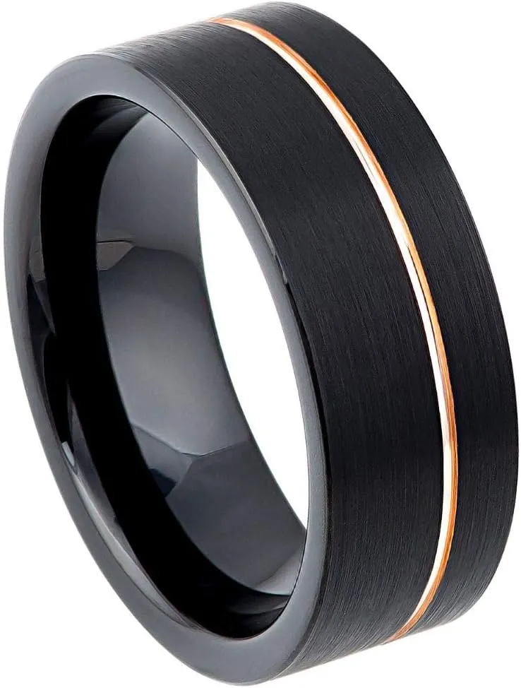 Personalized Laser Engraving Ring for Men and Ring for Women Tungsten Band Rings 8mm Black IP Brushed Pipe-Cut with Off-Center Rose Gold IP Groove Wedding Band Ring Ideal Rings for Couples