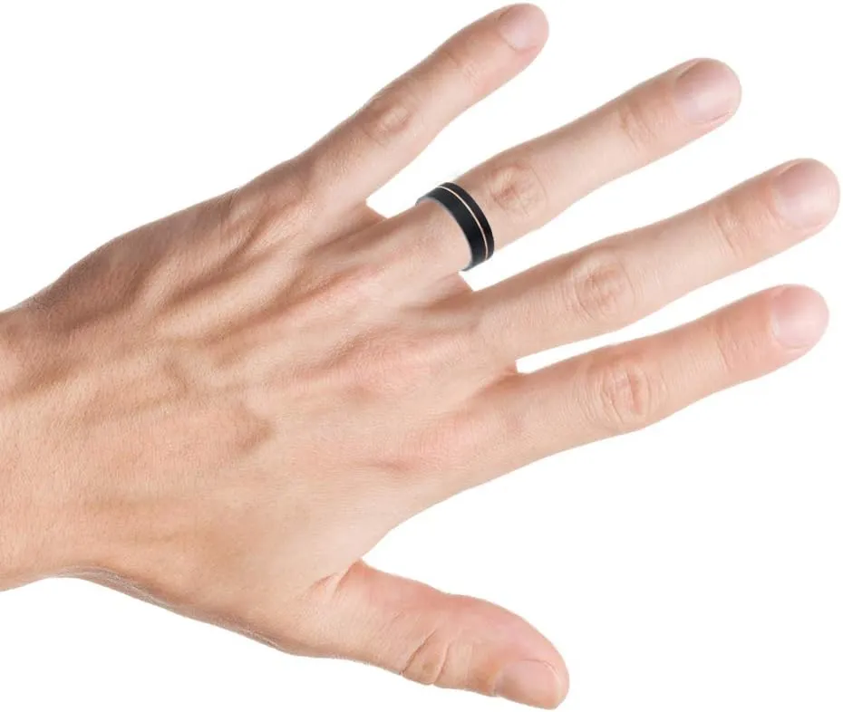 Personalized Laser Engraving Ring for Men and Ring for Women Tungsten Band Rings 8mm Black IP Brushed Pipe-Cut with Off-Center Rose Gold IP Groove Wedding Band Ring Ideal Rings for Couples