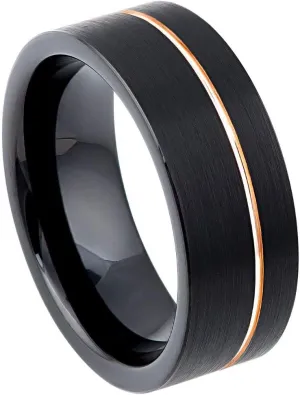 Personalized Laser Engraving Ring for Men and Ring for Women Tungsten Band Rings 8mm Black IP Brushed Pipe-Cut with Off-Center Rose Gold IP Groove Wedding Band Ring Ideal Rings for Couples